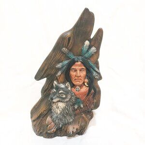 Native American Brave Wolf Hand Painted Art Ceramic Figurine 10" Vintage 90s